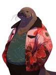 anthro black_eyes bottomwear clothing fangs grey_body jewelry male necklace pants shirt solo spots topwear undershirt whiskers sappy_(director) mammal marine pinniped walrus hi_res