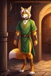 anthro armor athletic attempted_signature belt blonde_hair canid canine clothing collar draconisai fox gauntlets gloves gold_eyes hair handwear male mammal short_hair solo standing tunic