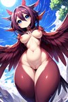 blue_eyes breasts feathers female genitals humanoid_face nipples pussy red_body red_feathers small_breasts solo thick_thighs wide_hips winged_arms wings director_motherli avian harpy humanoid mythological_avian hi_res