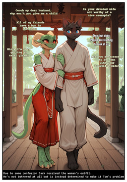 anthro asian_clothing blush clothed clothing crossdressing dialogue duo east_asian_clothing embarrassed holding_arm japanese_clothing male male/male temple walking nonimousmate jack_the_kobold tom_the_cat domestic_cat felid feline felis kobold mammal hi_res