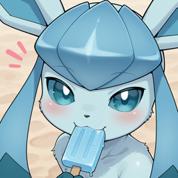 blush female feral food fur happy looking_at_viewer popsicle sand smug_face solo cpt_d nintendo pokemon eeveelution generation_4_pokemon glaceon pokemon_(species) hi_res