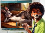 afro afro_hair anthro bob_ross book bookshelf breasts canid canine casual_nudity chilon249 detailed_background duo female fluffy fox fur furniture grey_body grey_fur hi_res inside judy_hopps lagomorph leporid looking_at_viewer lying male male/female mammal meme navel nick_wilde nipples nude painting picture_frame pillow pink_nose purple_eyes rabbit seductive small_breasts smile sofa tuft window yiffymix_(model) zootopia