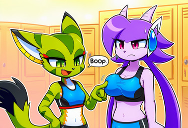 annoyed anthro big_breasts boop bottomwear bra breast_size_difference breast_squish breasts clothed clothing dialogue duo female female/female fur green_body green_eyes green_fur gym_bottomwear gym_clothing gym_shorts hair horn locker_room mythology narrowed_eyes navel open_mouth purple_body purple_eyes purple_hair purple_skin shorts small_breasts smile speech_bubble sports_bra sportswear squish standing tail text tongue topwear underwear white_body boxen549 freedom_planet galaxytrail carol_tea sash_lilac aquatic_dragon dragon felid feline felis mammal marine mythological_creature mythological_scalie scalie wildcat english_text
