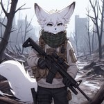 anthro bottomwear building clothing dall-e_3 detailed_background fur gloves grey_eyes gun handwear holding_gun holding_object holding_weapon male outside pants plant ranged_weapon rifle scarf snow solo sweater tactical_gear topwear tree weapon white_body white_fur lucifluffy wilek canid canine fennec fox mammal