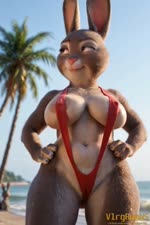 anthro beach big_breasts bikini breasts clothing dancing disney female huge_breasts narrowed_eyes nipples open_mouth seaside seductive sling_bikini smile solo swimwear teasing vlrgromns zootopia bonnie_hopps lagomorph leporid mammal rabbit animated webm