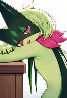 ambiguous_gender anthro blush blush_lines claws fur green_body green_fur green_hair hair half-closed_eyes leaning_on_table looking_at_viewer narrowed_eyes pink_eyes simple_background solo tongue tongue_out aialize nintendo pokemon felid feline generation_9_pokemon mammal meowscarada pokemon_(species) 2025 hi_res