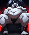 anthro belly belly_grab big_belly chair fur furniture grey_body grey_fur male obese obese_male overweight overweight_anthro overweight_male red_eyes sitting solo throne death_(puss_in_boots) canid canine canis mammal wolf hi_res