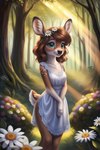 anthro brown_hair cervid clothing dress female flower forest forest_path green_eyes hair hi_res looking_at_viewer mammal nature nature_background plant smile solo tree venison venisoncreampie