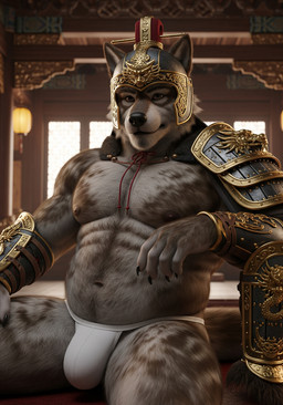 anthro armor asian_clothing briefs chinese_clothing claws clothed clothing east_asian_clothing fur grey_body grey_fur headgear helmet lamp lantern male musclegut muscular muscular_anthro muscular_male nipples partially_clothed pauldron pecs sitting smile solo underwear sweet_husbando canid canine canis mammal absurd_res hi_res