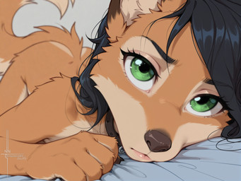 5_fingers anthro arm_support ass_up bed_sheet bedding big_tail black_hair black_nose claws collar collar_only countershading facial_tuft female fingerpads fingers fluffy fluffy_tail front_view fur glistening glistening_lips grabbing_sheets green_eyes hair huge_tail inviting lips looking_at_viewer lying nude on_front orange_body orange_fur pawpads pose solo tail tuft white_body white_countershading numeradin anya_(numeradin) canid canine fox mammal hi_res portrait three-quarter_portrait