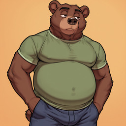 anthro belly black_nose blue_bottomwear blue_clothing blue_pants bored_expression bottomwear brown_body brown_eyes brown_fur clothing fur green_clothing green_shirt green_topwear half-closed_eyes male moobs musclegut narrowed_eyes pants shirt simple_background solo standing topwear merade dennis_donnacha_(meesh) brown_bear mammal ursid ursine hi_res