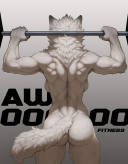 5_fingers anthro athletic athletic_anthro athletic_female back_boob back_muscles barbell biceps biped breasts butt claws elbow_tuft exercise female finger_claws fingers fluffy fluffy_tail fur gradient_background grey_background hair muscular muscular_anthro muscular_female neck_tuft nude rear_view side_boob simple_background solo standing tail text tuft weightlifting white_body white_fur white_hair white_tail workout anotheranon canid canine canis domestic_dog mammal nordic_sled_dog samoyed spitz wolf absurd_res english_text hi_res portrait shaded three-quarter_portrait