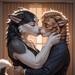 anthro duo ears_back ears_down embrace eyes_closed female french_kissing fur hair hug kissing male male/female pivoted_ears tongue tongue_out ivorymane canid canine canis domestic_cat domestic_dog felid feline felis husky mammal nordic_sled_dog spitz watermark