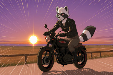 anthro biker biker's_wear boots bottomwear chest_tuft clothed clothing cloud field field_background footwear grass jacket leather leather_boots leather_clothing leather_footwear leather_jacket leather_topwear light light_beam male motion_lines motorcycle pants plant road sea shirt solo sunbeam sunlight sunset tail topwear tuft vehicle water homer_26 humanoid mammal procyonid raccoon hi_res