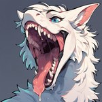 black_eyebrows black_lips blue_eyes bodily_fluids eyebrows eyelashes female feral fur gums hair inner_ear_fluff lips mouth_shot open_mouth saliva simple_background solo teeth tongue tongue_out tuft white_body white_fur white_hair feralfresh dragon furred_dragon hi_res portrait