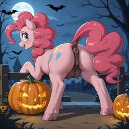 animal_genitalia animal_pussy anus blue_eyes blush blushing_at_viewer butt cutie_mark detailed_background equine_pussy eyelashes female feral fur genitals halloween jack-o'-lantern looking_at_viewer looking_back looking_back_at_viewer mane night nipples nude outside pink_body pink_fur plant presenting presenting_anus presenting_hindquarters presenting_pussy puffy_anus pussy raised_tail rear_view smile smiling_at_viewer solo tail teats teeth tree avalush friendship_is_magic my_little_pony pinkie_pie_(mlp) bat earth_pony equid equine horse mammal pony hi_res
