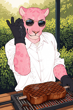 anthro clothed clothing cooking eyewear food fur glasses gloves handwear male outside pink_body pink_fur shades smile smirk solo standing whiskers kbi meme_2026 felid humanoid mammal pantherine