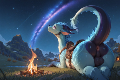 anus balls campfire feral galaxy genitals looking_up male meadow mountains mythology purple_eyes saddle sky smile solo tail_up darkeclipse dragon mythological_creature mythological_scalie scalie hi_res