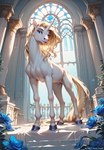 blonde_hair blue_eyes curved_horn detailed_background female feral flower fur hair hooves horn inside long_hair looking_at_viewer looking_down palace plant quadruped solo standing unicorn_horn white_body white_fur window window_light langri mirage_(langri) equid equine mammal unicorn attempted_signature hi_res