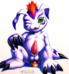 3_toes anal anal_masturbation anal_penetration animal_genitalia balls claws cute_fangs dildo dildo_insertion dildo_sitting erection fangs feet fur genitals green_eyes hair looking_at_viewer male masturbation mohawk nude one_eye_closed open_mouth penetration penis semi-anthro sex_toy sex_toy_insertion simple_background sitting solo tapering_penis teeth text toes toying_self white_background white_body white_fur wink sergalbutt digimon digimon_(species) gomamon mammal marine pinniped signature url