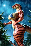 abs anthro big_breasts blue_eyes bottomwear breasts clothing female forest large_breasts mature_female multicolored_body muscular muscular_anthro muscular_female muscular_thighs plant rainforest red_body red_scales scales solo topwear tree two_tone_body majorfluffy_(director) dinosaur reptile scalie hi_res