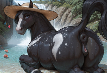 animal_genitalia animal_pussy anus ass_up black_body black_fur black_mane black_nose blue_eyes bodily_fluids butt clothing equine_genitalia equine_pussy female feral fur genital_fluids genitals hat headgear headwear looking_at_viewer looking_back looking_back_at_viewer lying mane partially_submerged presenting presenting_hindquarters presenting_pussy pussy pussy_juice realistic_feral rear_view river smile solo sun_hat waterfall mare_fan_ultimate equid equine horse mammal hi_res