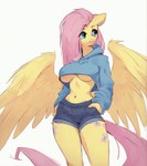 anthro anthrofied big_breasts blue_bottomwear blue_clothing blue_eyes bottomwear breasts clothed clothing cutie_mark cutoffs denim denim_bottomwear denim_clothing eyebrows eyelashes feathered_wings feathers female friendship_is_magic fur hair hand_in_pocket hoodie hotpants long_hair midriff mythological_equine navel pink_hair pink_tail pockets shorts simple_background smile solo standing topwear under_boob white_background wings yellow_body yellow_feathers yellow_fur aphid butterwolf my_little_pony fluttershy_(mlp) equid equine horse mammal mythological_creature pegasus pony digital_media_(artwork) hi_res portrait three-quarter_portrait