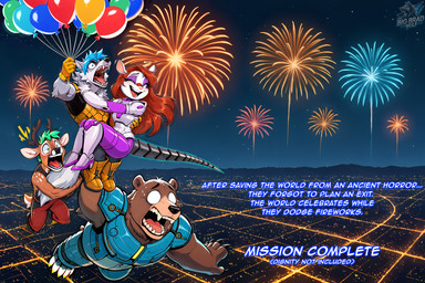 anthro antlers balloon barefoot black_nose blue_hair blush boots bottomwear breasts brown_body brown_fur brown_hair carrying_another city cityscape claws clothed clothing cybernetics detailed_background dialogue emanata eyes_closed eyewear feet female fingers fireworks floating flying footwear fur gloves green_hair grey_body grey_fur group hair handwear happy holding_balloon holding_object holidays hooves horn humor inflatable laughing long_hair machine male male/female male_anthro markings multicolored_body multicolored_fur new_year night open_mouth open_smile outside pants red_clothing red_hair running scared sky smile star starry_sky stripes superhero tail tan_body tan_fur teeth text toes tongue white_body white_fur wide_eyed thebigbradwulf brad_wulf_(thebigbradwulf) buckshot_bruin_(thebigbradwulf) jolene_(thebigbradwulf) onsen_the_bear_(thebigbradwulf) armadillo canid canine canis cervid cervine domestic_dog humanoid hybrid mammal marsupial ursid wolf xenarthran digital_media_(artwork) english_text