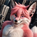 anthro black_eyes body_fur city dutch_angle fur hair hair_between_eyes heterochromia light looking_at_viewer male open_mouth pink_body pink_eyes pink_fur pink_hair realistic_fur smile solo thin_eyebrows tuft whiskers white_body white_fur 7oxytron canid canine fox mammal headshot_portrait hi_res lighting portrait