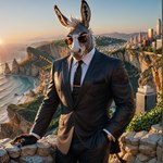 anthro bokeh city cliff clothing eyewear eyewear_on_head hair male muscular necktie solo suit sunglasses sunglasses_on_head sunset white_hair asscas_(director) asinus donkey equid equine mammal hi_res