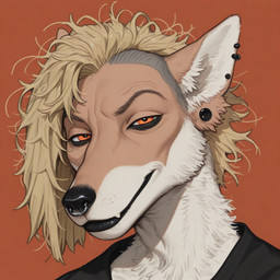 anthro black_lips blonde_hair clothed clothing ear_piercing eyebrows face_focus facial_piercing fur hair lips looking_at_viewer male messy_hair narrowed_eyes nose_piercing nose_ring orange_eyes piercing raised_eyebrows ring_piercing side_cut simple_background smile smirk solo tan_body tan_fur white_body white_fur kbi krill_(mo-net) canid canine canis domestic_dog humanoid hunting_dog mammal sighthound 2025