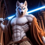 anthro canid canine canis fur humanoid jedi lightsaber male mammal melee_weapon muscular solo temple weapon white_body white_fur wolf