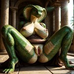 anthro big_breasts breasts female genitals green_body green_scales presenting presenting_pussy pussy scales sitting_on_ground snake_hood solo spread_legs spreading cobra humanoid reptile scalie snake absurd_res hi_res