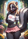 anthro blush bottomless bottomwear choker clothed clothing female genitals jewelry looking_at_viewer miniskirt necklace pussy skirt solo topwear denis0k mammal mephitid skunk hi_res