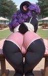 anthro bent_over black_body black_fur blue_eyes bottomwear butt camel_toe chair clothing curled_hair female fur furniture grass hair halter_top looking_at_viewer looking_back looking_back_at_viewer park picnic pink_inner_ear pink_nose plant presenting presenting_hindquarters purple_hair raised_tail shorts smile solo table tree umbrella ilmpbx madeleine_(ilmpbx) bovid caprine domestic_sheep mammal sheep absurd_res hi_res signature