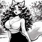 anthro black_and_white breasts canid canine clothed clothing dall-e_3 director_sunshine female fox fully_clothed fur hair mammal monochrome simple_background solo