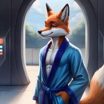 absurd_res anthro bathrobe canid canine clothing fox fruvous galactic hi_res male mammal robe solo spaceport twinklespark walking