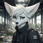 anthro black_clothing black_nose blue_eyes bodily_fluids clothing dall-e_3 fur hair jacket looking_at_viewer male messy overgrown serious short_hair solo sweat tactical_gear tired topwear warehouse white_body white_fur white_hair lucifluffy wilek canid canine fennec fox mammal half-length_portrait portrait