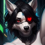 anthro black_hair black_nose canid canine canis collar cybernetics cyberpunk cyborg eye_patch eyewear female fur glowing glowing_eyes hair hi_res machine mammal portrait potca red_eyes solo solo_focus white_body white_fur wolf wolf_ears