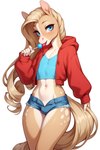 anthro blonde_hair bottomwear candy clothing crop_top cutoffs denim denim_clothing dessert femboy food girly hair hoodie lollipop male shirt shorts simple_background solo tongue tongue_out topwear white_background hoodie_(hood_man5) hoodie_the_horse equid equine horse humanoid mammal hi_res