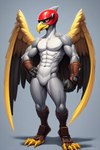 abs anthro armor athletic athletic_anthro athletic_male barefoot beak biceps bird_feet claws feathers feet headgear helmet male melee_weapon muscular muscular_anthro muscular_male navel nude pecs rapier slim solo sword talons toe_claws toes triceps weapon white_body wings birdovo accipitrid accipitriform avian bird hi_res