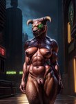 athletic athletic_female baron_of_hell breasts brown_body brown_fur city demon doom_(game) female fur genitals glowing glowing_eyes green_eyes hi_res horn humanoid looking_away marcus64 muscular muscular_female navel nude pussy red_body solo standing