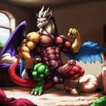 animal_genitalia animal_penis anthro balls bed bodily_fluids crouching equine_genitalia equine_penis flexing_biceps furniture genital_fluids genitals inside male muscular muscular_male penis precum solo karoonite discord_(mlp)