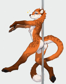anthro black_nose blue_eyes breasts brown_body brown_fur claws female fur inner_ear_fluff long_tail nipples orange_body orange_fur pawpads paws pole simple_background small_breasts solo spots spotted_body stripper_pole tuft white_background white_body white_fur gshepanon canid canine cheetah felid feline fox hybrid mammal hi_res