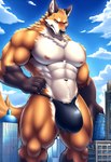 anthro big_bulge blue_sky building building_destruction bulge clothing cloud fur macro male nipples red_body red_fur sky solo speedo speedo_only swimwear white_body white_fur drakefurai canid canine fox mammal hi_res