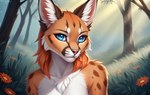 anthro blue_eyes brown_nose chest_tuft detailed_fur eyelashes female flower fog fur grass hair inner_ear_fluff looking_at_viewer nature nature_background orange_body orange_fur orange_hair outdoors outside plant rim_light solo tree tuft volumetric_lighting whiskers white_body white_fur wolfik caracal caracal_(genus) felid feline mammal detailed portrait