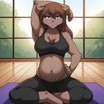 anthro bottomwear brown_body brown_eyes brown_fur brown_hair clothing female fur gym gym_clothing hair hand_on_hip long_hair looking_at_viewer pants pregnant pregnant_female shirt sitting solo tank_top topwear yoga_mat yoga_pants anonymous_director twokinds natani canid canine canis keidran mammal wolf 1:1 hi_res