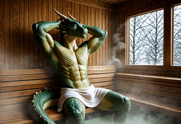 anthro armpit_showing bulge clothed clothing dragon_tail eyes_closed hands_behind_head inside male muscular muscular_male mythology partially_clothed raised_arms relaxed relaxing sauna sitting sitting_on_bench solo steam tail towel towel_only window floofywoofy dragon mythological_creature mythological_scalie scalie