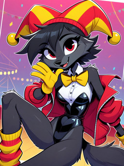 4_fingers anthro black_body black_fur black_hair black_nose bowtie breasts cheek_tuft circus clothed clothing facial_tuft fangs female fingers fool's_hat front_view fur gloves grey_body grey_fur hair handwear hat headgear headwear jacket latex_clothing leg_warmers legwear long_tail looking_at_viewer medium_breasts multicolored_body multicolored_fur open_mouth red_eyes short_hair shoulder_tuft sitting smile solo teeth tongue topwear tuft two_tone_body two_tone_fur ghostrabbit canid canine mammal hi_res