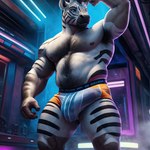 absurd_res anthro armpit_hair bathroom body_hair clothing cyberpunk equid equine futuristic genitals hi_res male mammal nipples pecs penis pup_tobey solo striped_body stripes underwear wet wet_clothing zebra